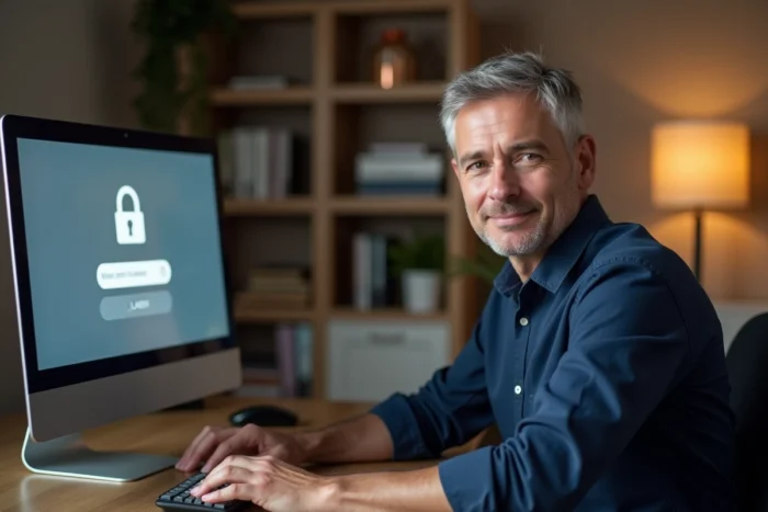 Homme utilisant un ordinateur de bureau pour se connecter à un espace client en ligne de manière sécurisée depuis son domicile
