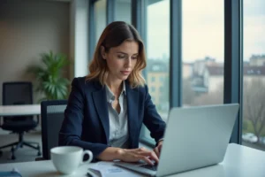 Femme professionnelle accédant à son webmail Convergence sur un ordinateur portable dans un bureau moderne à Lyon