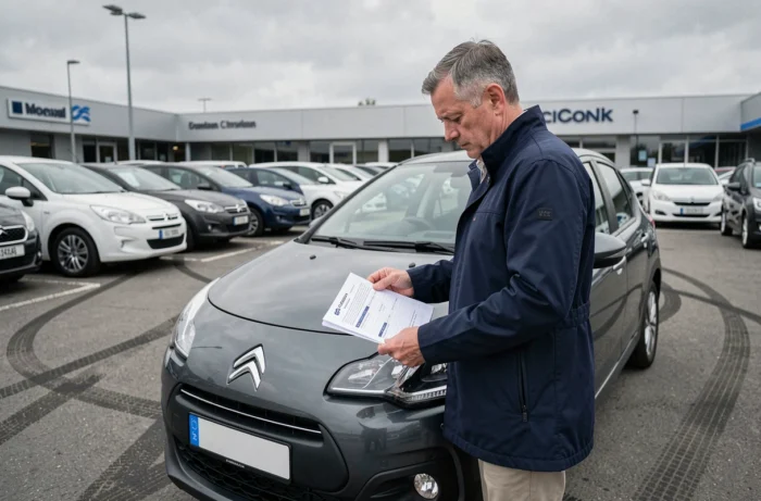 Homme inspectant une Citroën C3 d'occasion chez un concessionnaire, conseils pratiques pour l'achat d'une voiture Citroën