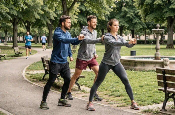 Groupe de sportifs s'étirant ensemble dans un parc public de Cholet avant une séance de jogging