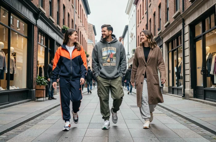 Groupe de jeunes amis en tenues mode urbaine variées marchant dans une rue commerçante tendance de la ville