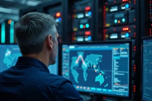 Administrateur informatique municipal analysant les données de réseau sur des écrans de supervision dans une salle serveur d'une collectivité locale
