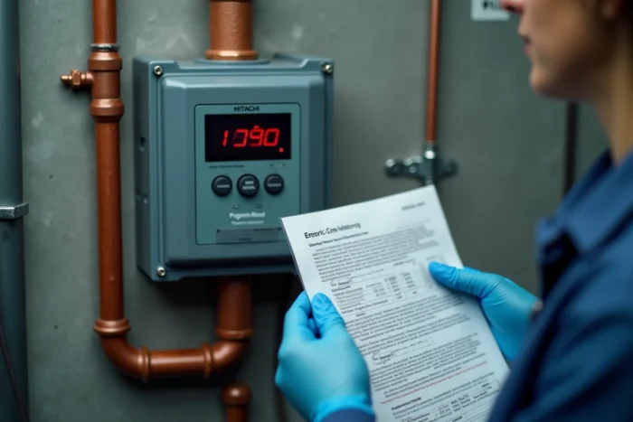 Gros plan sur le panneau d'affichage d'un climatiseur Hitachi montrant un code d'erreur avec une fiche technique de référence