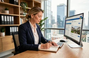 Agent immobilière professionnelle analysant des annonces immobilières en ligne sur un ordinateur dans un bureau moderne