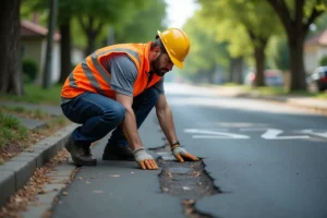 Agent municipal inspectant une route communale fissurée pour évaluer les travaux de voirie à réaliser