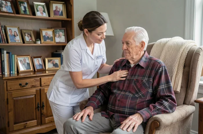 Une aide à domicile professionnelle assiste une personne âgée dans son salon, illustrant les services d'accompagnement senior