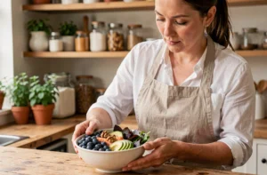 Femme préparant un bol anti-inflammatoire coloré avec saumon, avocat, myrtilles et noix dans une cuisine rustique en bois