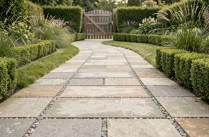 Allée de jardin en dalles de béton carrées posées dans une pelouse verte avec bordures de buis taillés