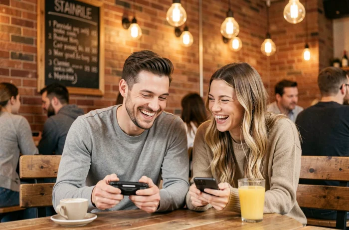 Deux amis jouant à des jeux mobiles en ligne ensemble dans un café urbain avec smartphones
