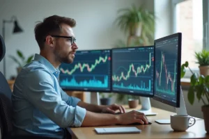 Homme analysant des graphiques boursiers sur deux écrans dans un bureau minimaliste à domicile