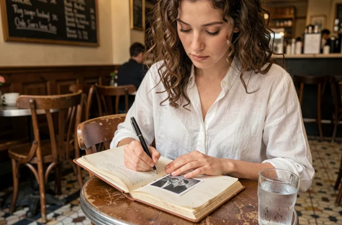 Femme écrivant une anecdote de rencontre dans un journal intime dans un café parisien