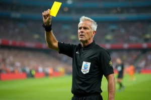 Arbitre de football brandissant un carton jaune lors d'un match de Coupe du monde