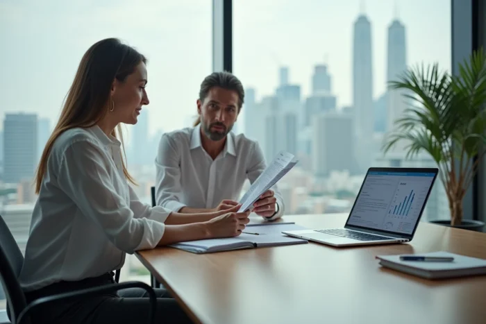 Femme d'affaires et conseiller en assurance examinant un contrat d'assurance cyber risques dans une salle de réunion moderne avec vue sur la ville
