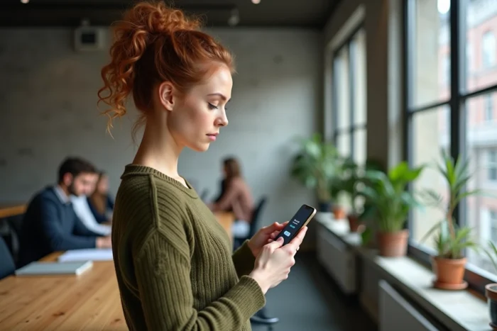 Jeune femme accédant à son espace client Arkevia via une application mobile sécurisée dans un espace de coworking
