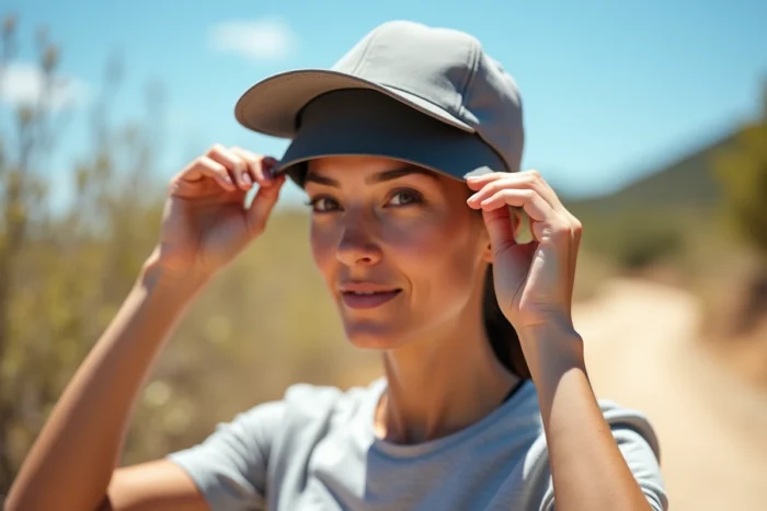 Femme ajustant un bandeau absorbant sur le front sous le bord de son chapeau en extérieur
