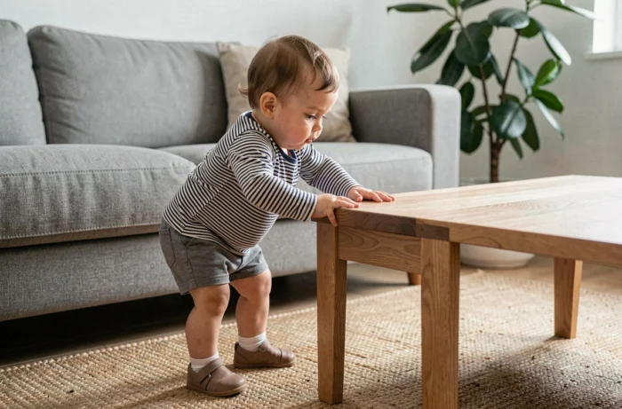 Bébé s'appuyant sur une table basse en bois pour apprendre à marcher dans un appartement moderne