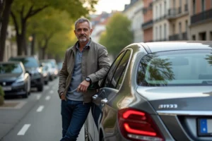 Homme appuyé contre une berline 9 chevaux fiscaux garée dans une rue parisienne