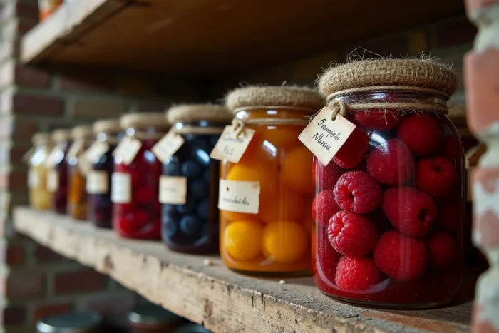 Rangée de bocaux de fruits maison en macération dans l'alcool de fruits Leclerc alignés sur une étagère de cellier en pierre