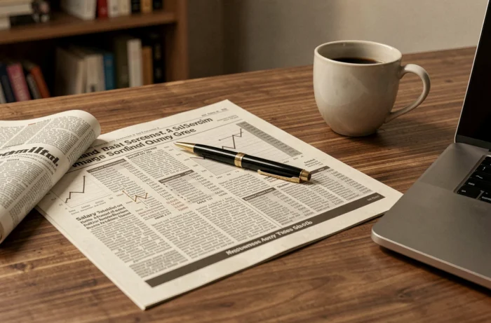 Bureau avec journal financier et stylo de luxe évoquant une enquête sur les salaires et revenus dans le journalisme français