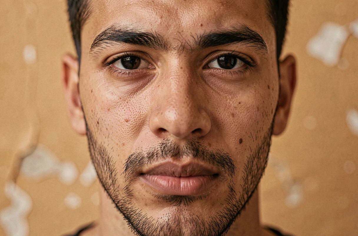 Cadrage serré vertical sur le visage d'un homme pour un format story avec texture de peau détaillée