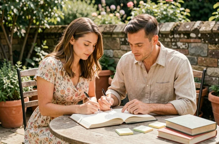 Couple écrivant ensemble un carnet de souvenirs à deux voix pour une cérémonie laïque dans un jardin