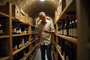 Propriétaire inspectant sa cave en copropriété avec des étagères en bois et des bouteilles de vin dans un sous-sol aux murs en pierre