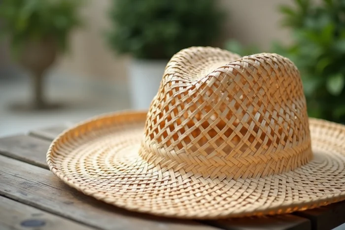 Chapeau en paille à tissage ajouré posé sur une table en bois, montrant les espaces d'aération entre les fibres