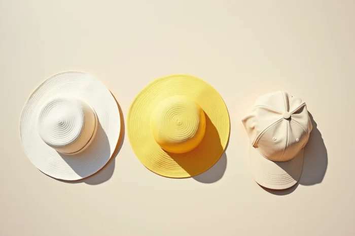 Trois chapeaux de couleurs claires — blanc, jaune pâle et beige — disposés côte à côte sur du lin