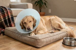 Chien golden retriever en convalescence portant une collerette vétérinaire, allongé sur un lit orthopédique après une stérilisation