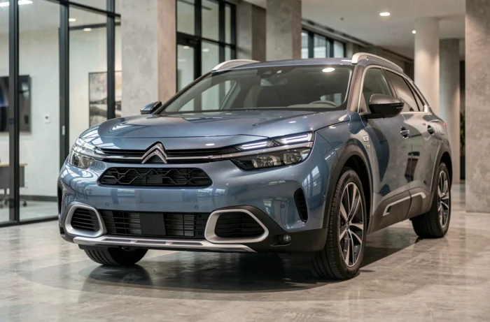 Nouveau modèle Citroën C5 X en showroom urbain, voiture moderne aux lignes aérodynamiques et finition métallique