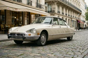 Citroën DS classique garée sur les pavés d'une rue parisienne, illustration de l'histoire emblématique des modèles Citroën