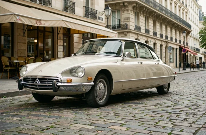 Citroën DS classique garée sur les pavés d'une rue parisienne, illustration de l'histoire emblématique des modèles Citroën