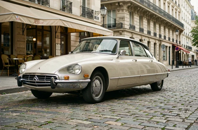 Citroën DS classique garée sur les pavés d'une rue parisienne, illustration de l'histoire emblématique des modèles Citroën