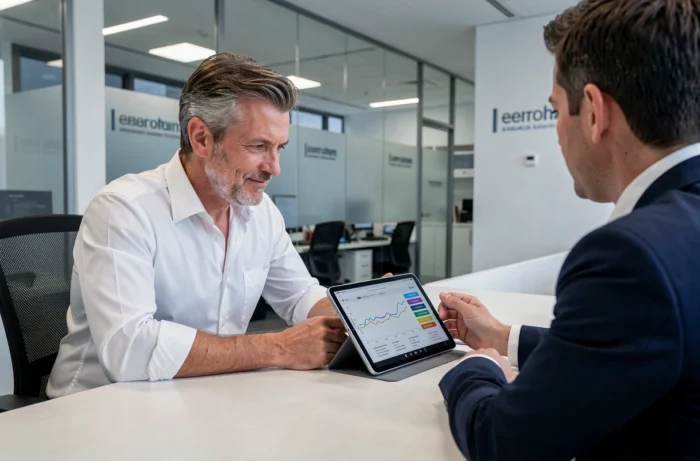 Client discutant des taux d'intérêt bancaires avec un conseiller financier dans une agence moderne