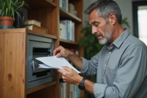 Homme rangeant un document papier dans un coffre-fort à domicile, illustration du stockage sécurisé de documents sensibles