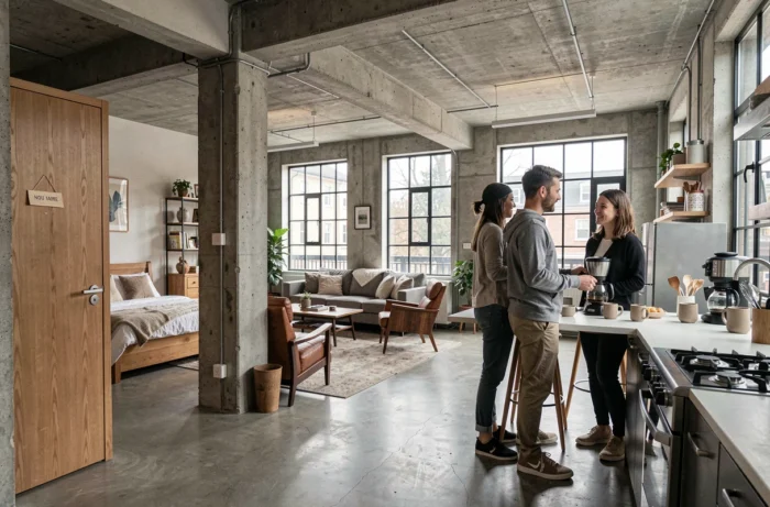 Grand appartement aménagé en coliving partiel avec deux colocataires partageant la cuisine dans un espace commun bien organisé
