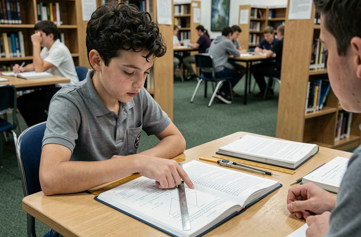 Collégien consultant un manuel de géométrie avec règle et compas dans une bibliothèque scolaire