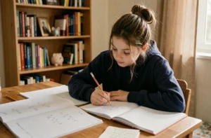 Collégienne concentrée résolvant un exercice de mathématiques dans sa chambre avec des cahiers et une gomme sur le bureau