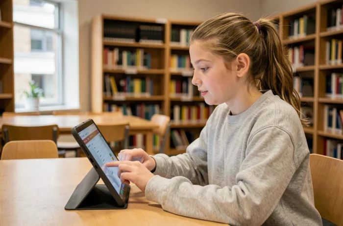 Collégienne accédant à son espace élève sur une tablette numérique dans une bibliothèque scolaire