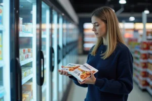 Femme comparant deux produits surgelés Picard et Thiriet dans un rayon de supermarché