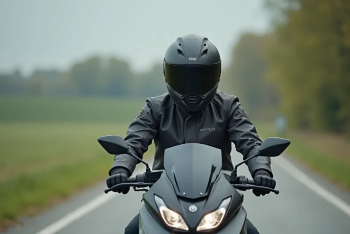Jeune motard en veste textile et casque intégral conduisant un Yamaha XMAX 125 sur une route de campagne
