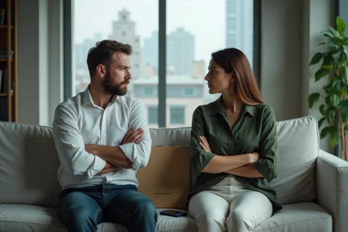 Couple en tension assis aux extrémités opposées d'un canapé dans un salon moderne, illustrant un conflit conjugal
