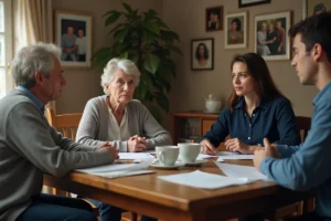 Famille multigénérationnelle autour d'une table en train de discuter d'un conflit familial avec des expressions tendues mais calmes