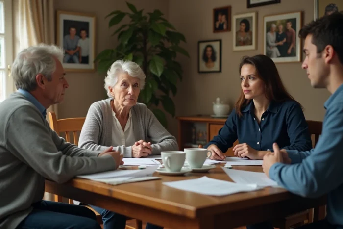 Famille multigénérationnelle autour d'une table en train de discuter d'un conflit familial avec des expressions tendues mais calmes