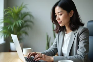 Femme professionnelle accédant à son espace client sécurisé sur un ordinateur portable au bureau