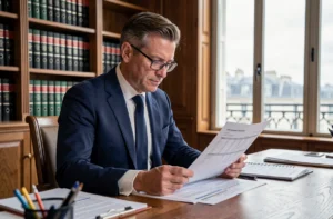 Conseiller fiscal en costume marine analysant des documents d'investissement immobilier dans un bureau parisien haut de gamme