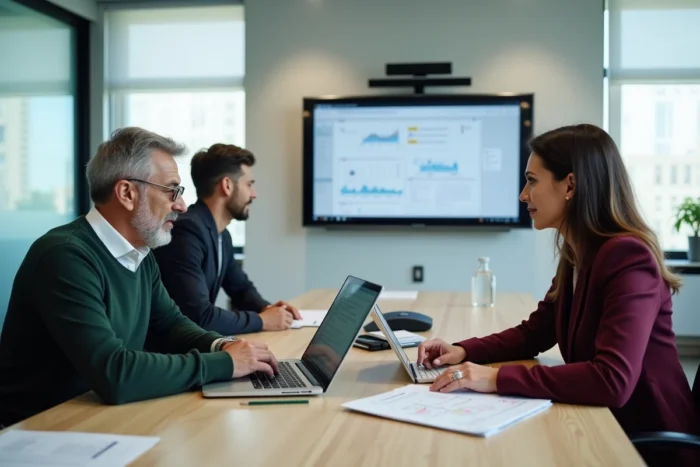 Deux consultants en informatique municipale collaborant sur des solutions innovantes de gestion des services aux citoyens lors d'une réunion technique