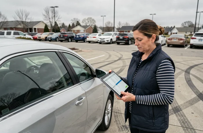 Femme consultant une fiche d'entretien automobile sur tablette devant une voiture dans un parking de concessionnaire