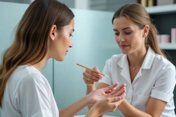 Cliente et technicienne en onglerie examinant des ongles gel avec des taches blanches dans un salon moderne