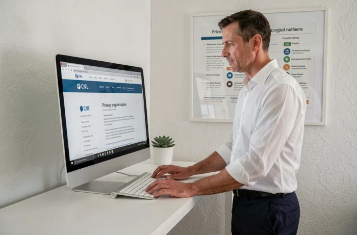 Homme consultant le site officiel de la CNIL sur un grand écran dans un bureau à domicile minimaliste